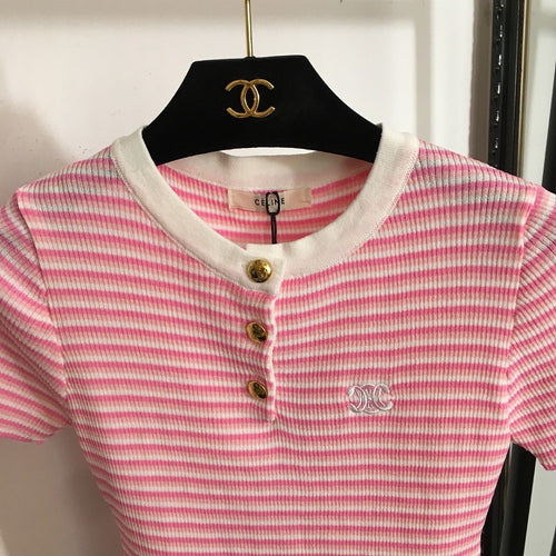 “Rose Dauphine” Striped Knit Henley Top by Celine