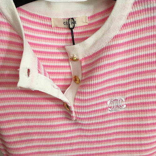 “Rose Dauphine” Striped Knit Henley Top by Celine