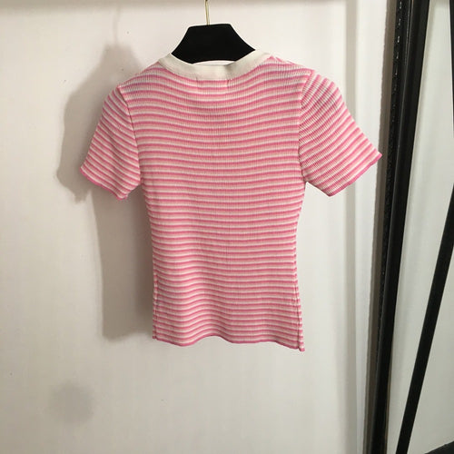 “Rose Dauphine” Striped Knit Henley Top by Celine