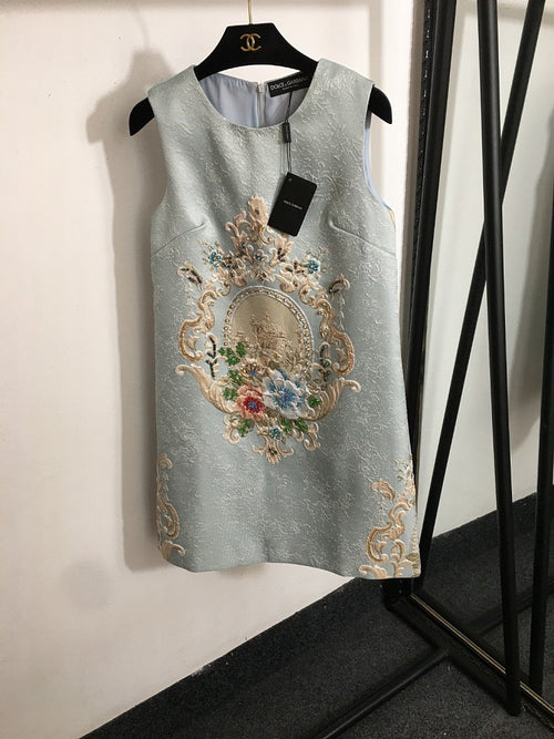 “Villa Azzurra” Embroidered Brocade Shift Dress by Dolce & Gabbana