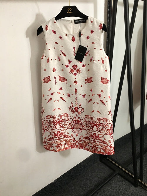 “Rosso Siciliano” Baroque Shell Jacquard Dress by Dolce & Gabbana