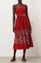 “Rosso Fiorito” Belted Spaghetti Strap Midi Dress