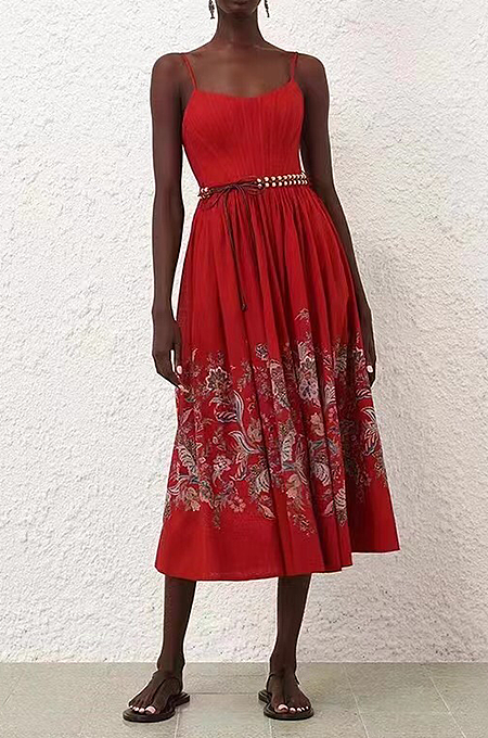 “Rosso Fiorito” Belted Spaghetti Strap Midi Dress