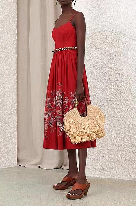 “Rosso Fiorito” Belted Spaghetti Strap Midi Dress
