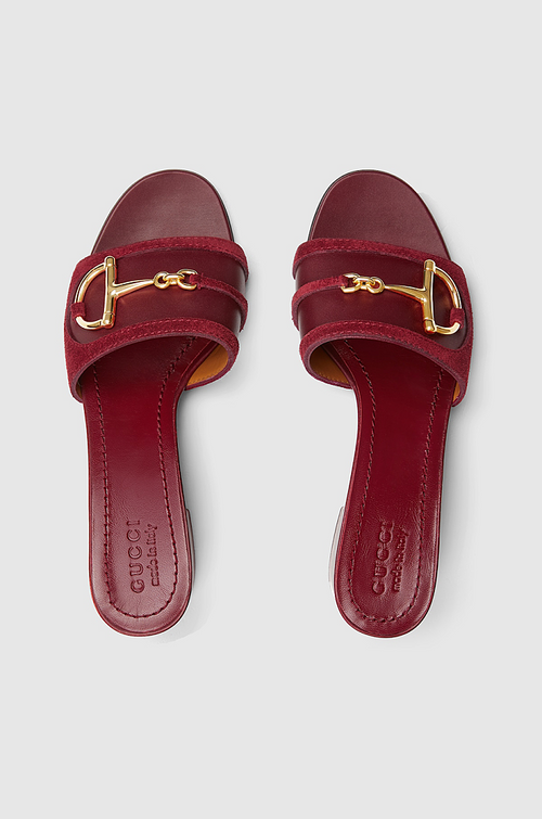 Gucci Horsebit Block-Heel Mules in Bordeaux Suede & Leather