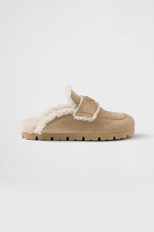 Prada Shearling-Lined Suede Mules – Camel Beige