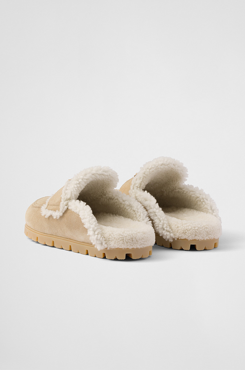 Prada Shearling-Lined Suede Mules – Camel Beige