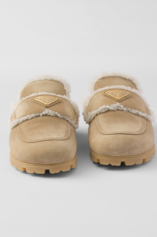 Prada Shearling-Lined Suede Mules – Camel Beige