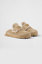 Prada Shearling-Lined Suede Mules – Camel Beige