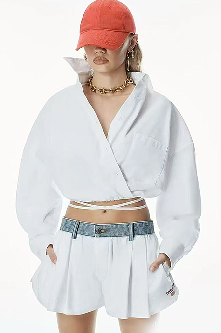 Wang Pleated Denim-Waistband Shorts