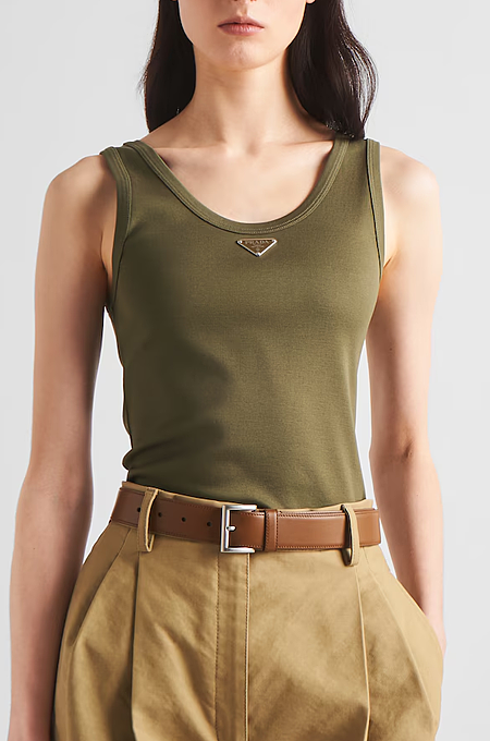 Prada Ribbed Cotton Jersey Tank in Military Green