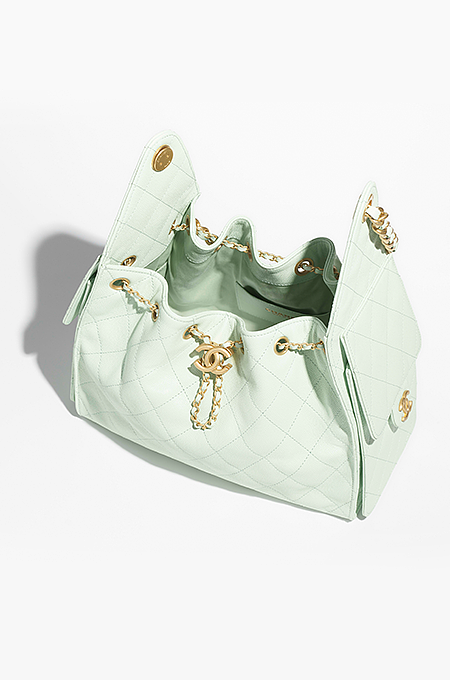 Chanel 25 “Menthe Lumière”  Bucket Flap Bag Runway Edition in Mint Caviar Calfskin with Gold Hardware