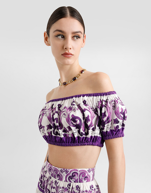“Viola Fioritura” Majolica-Print Off-Shoulder Poplin Top