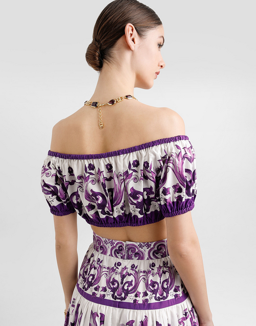 “Viola Fioritura” Majolica-Print Off-Shoulder Poplin Top