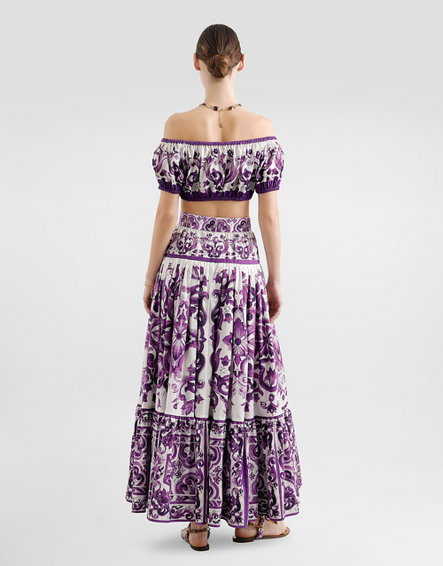 “Viola Fioritura” D&G Majolica-Print Tiered Maxi Skirt