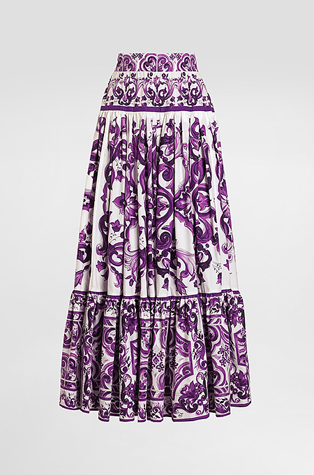 “Viola Fioritura” D&G Majolica-Print Tiered Maxi Skirt