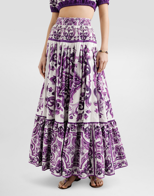 “Viola Fioritura” D&G Majolica-Print Tiered Maxi Skirt