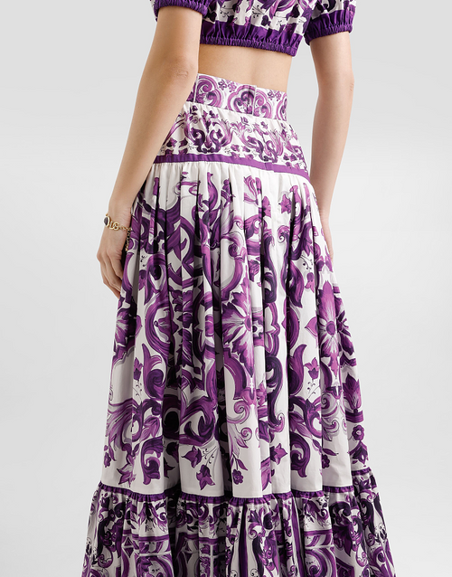 “Viola Fioritura” D&G Majolica-Print Tiered Maxi Skirt