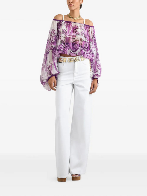 Dolce & Gabbana “Violetta Soffiata” Sheer Majolica Off-Shoulder Blouse