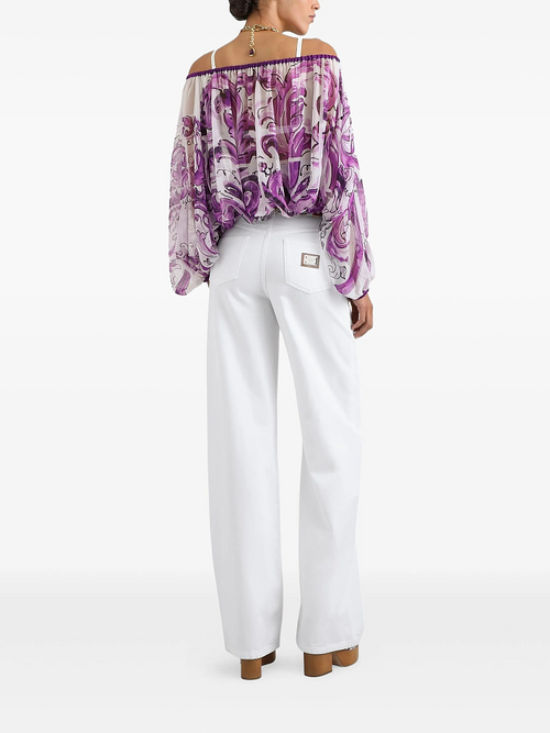 Dolce & Gabbana “Violetta Soffiata” Sheer Majolica Off-Shoulder Blouse