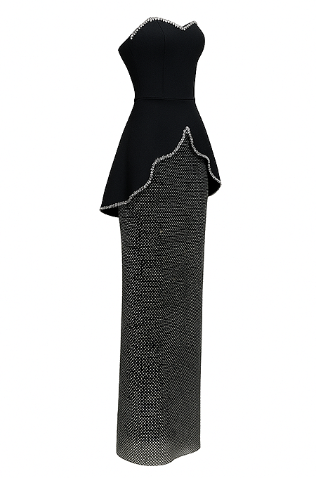 Celestine Noir Crystal-Trimmed Peplum Gown