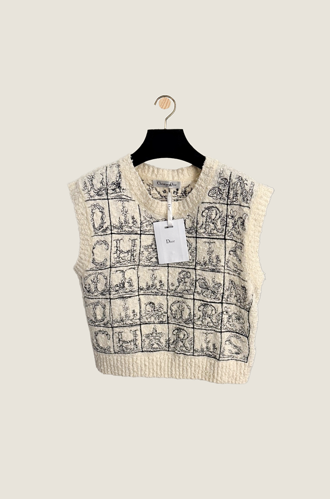 90s Christian Dior 高級プレタポルテライン Knit Vest Dior “Alphabet de Toile” Embroidered Knit Vest – LUXE LIVING FASHIONS