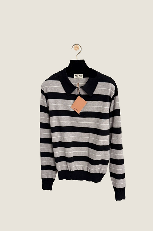 Miu Miu “École Moderne” Striped Knit Polo Sweater