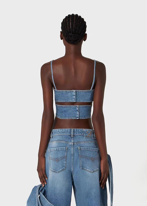 “Étoile Denim” Draped Bow Bustier & Wide-Leg Jean Ensemble
