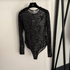 Saint Laurent “Nuit Étoilée” Crystal-Studded Monogram Mesh Bodysuit – Noir Couture