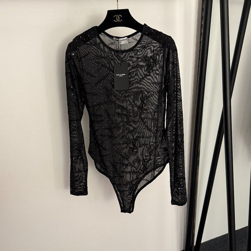 Saint Laurent “Nuit Étoilée” Crystal-Studded Monogram Mesh Bodysuit – Noir Couture