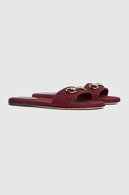 Gucci Horsebit Canvas Slides in Burgundy