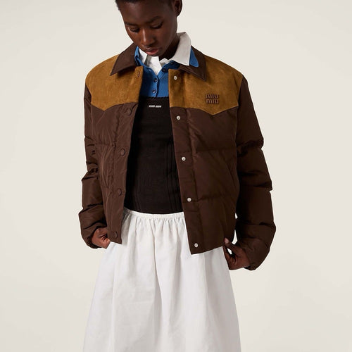 Miu Miu “Sierra Rust” Western Suede-Panel Cropped Puffer Jacket