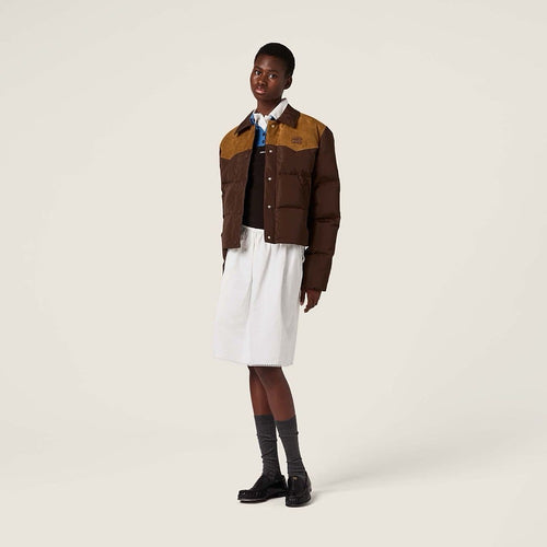 Miu Miu “Sierra Rust” Western Suede-Panel Cropped Puffer Jacket