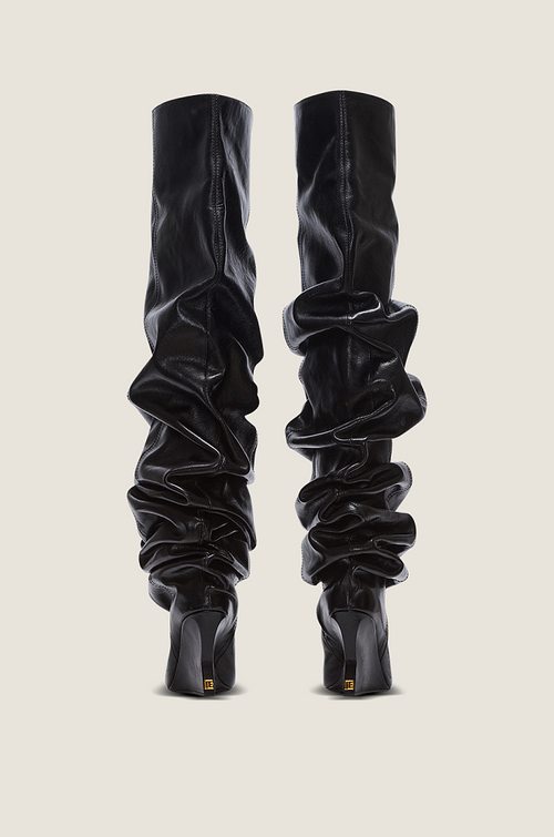 Balmain Paris “Royale Ruche” Sculpted Wedge Thigh-High Boots