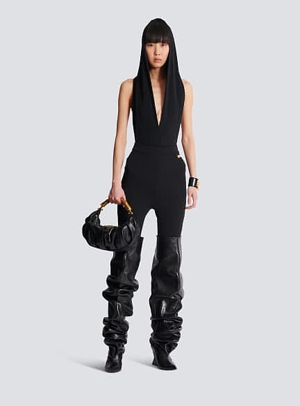 Balmain Paris “Royale Ruche” Sculpted Wedge Thigh-High Boots