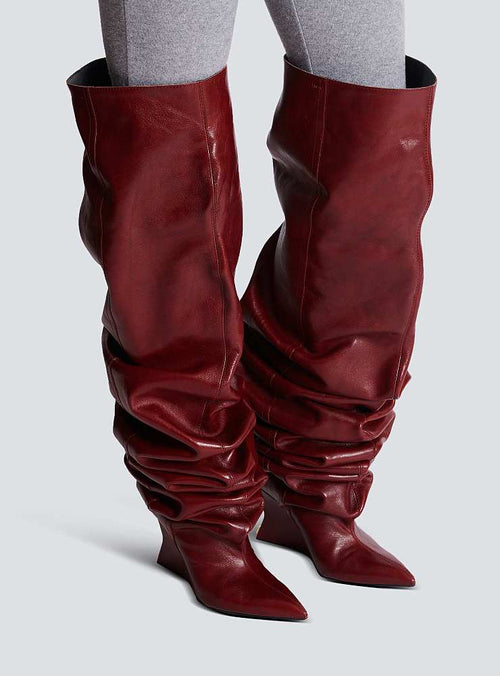Balmain Paris “Royale Ruche” Sculpted Wedge Thigh-High Boots