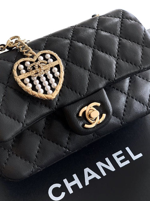 Chanel Pearl Heart Charm Mini Flap Bag in Quilted Lambskin with Gold-Tone Hardware