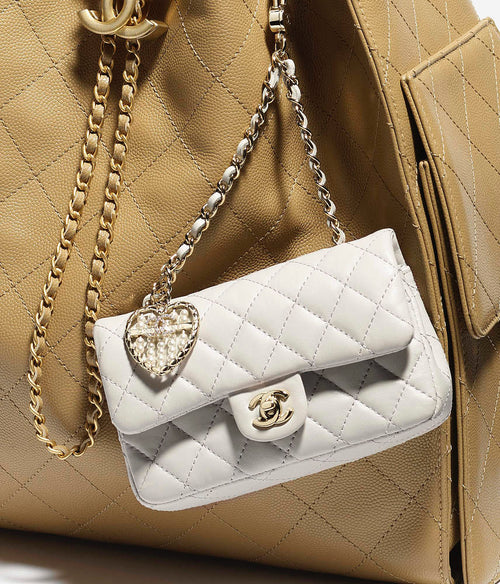 Chanel Pearl Heart Charm Mini Flap Bag in White Quilted Lambskin with Gold-Tone Hardware