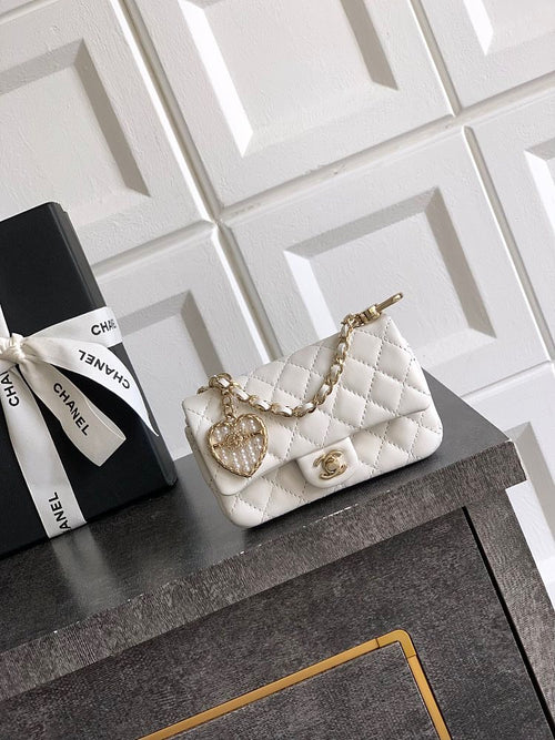 Chanel Pearl Heart Charm Mini Flap Bag in White Quilted Lambskin with Gold-Tone Hardware