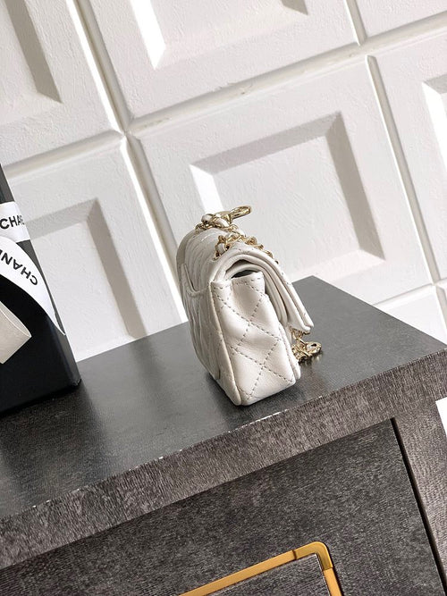 Chanel Pearl Heart Charm Mini Flap Bag in White Quilted Lambskin with Gold-Tone Hardware