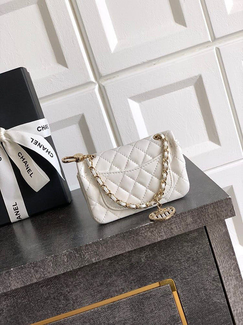 Chanel Pearl Heart Charm Mini Flap Bag in White Quilted Lambskin with Gold-Tone Hardware