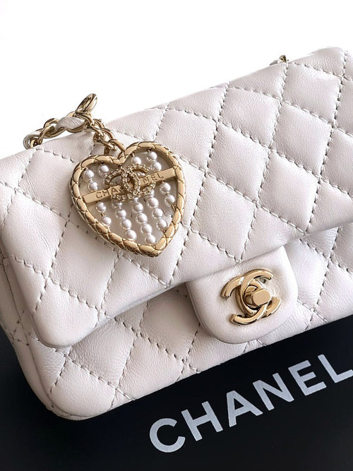 Chanel Pearl Heart Charm Mini Flap Bag in White Quilted Lambskin with Gold-Tone Hardware