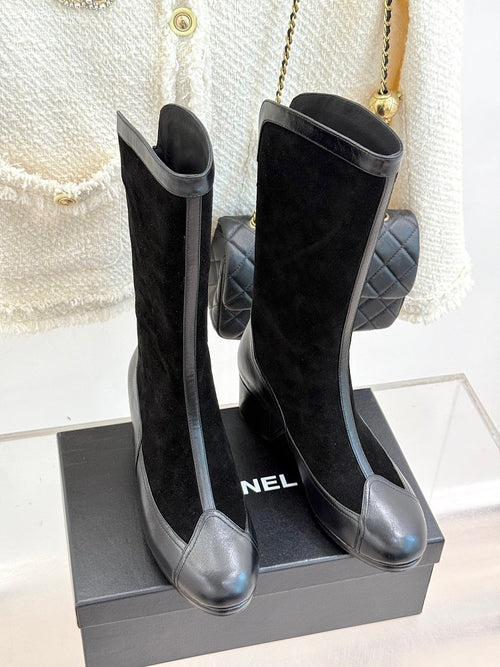 Chanel Métiers d’Art Black Suede & Calfskin Leather Knee Boots