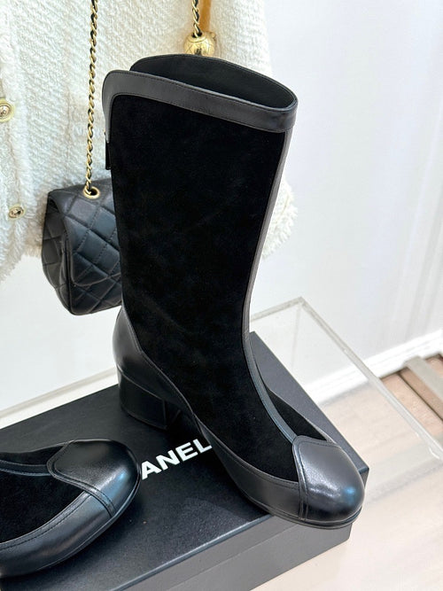 Chanel Métiers d’Art Black Suede & Calfskin Leather Knee Boots
