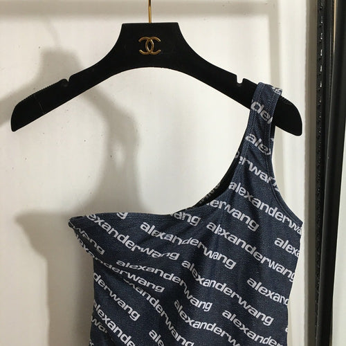 Alexander Wang One-Shoulder Logo Print Swimsuit