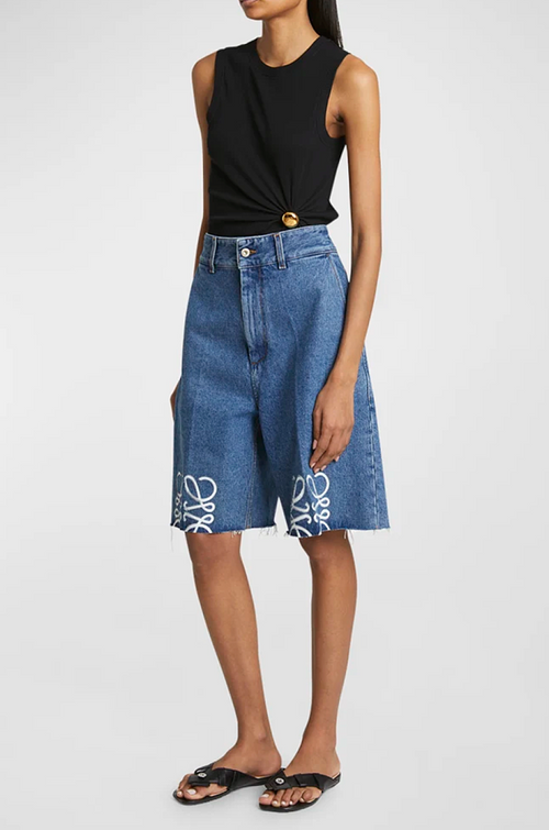 Loewe-Anagram Embroidered Wide-Leg Denim Bermuda Shorts