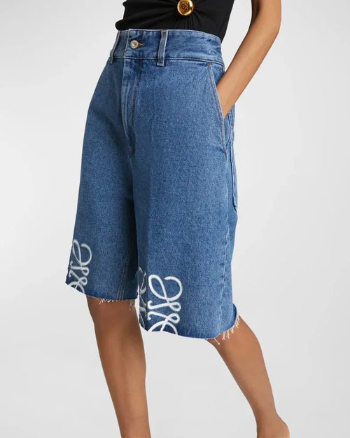 Loewe-Anagram Embroidered Wide-Leg Denim Bermuda Shorts