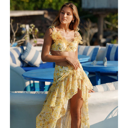 Marisol Soleil Couture Floral Appliqué Bikini Set with Flowing Ruffle Sarong