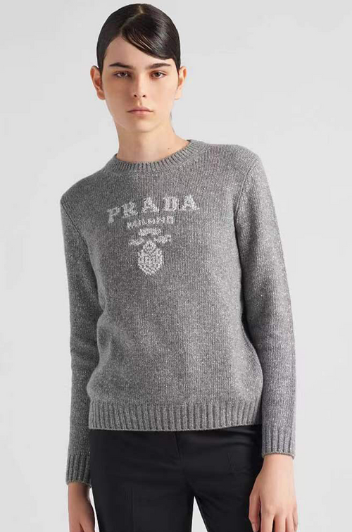 Prada “Milano Crest” Heritage Wool Knit Sweater — Grey Mélange