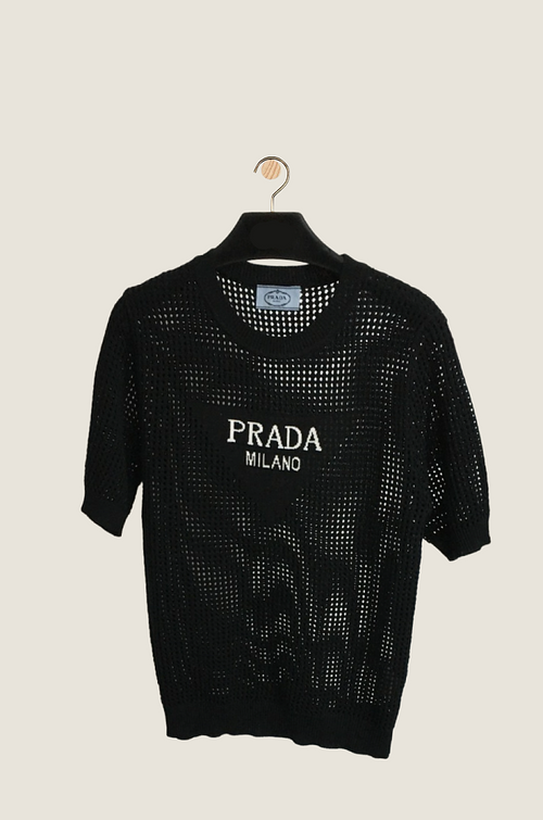 Prada “Milano Noir Aura” Open-Weave Crochet Knit Top — Black